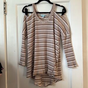 🖤 She + Sky Oversized Brown and Cream Striped Cold Shoulder Top